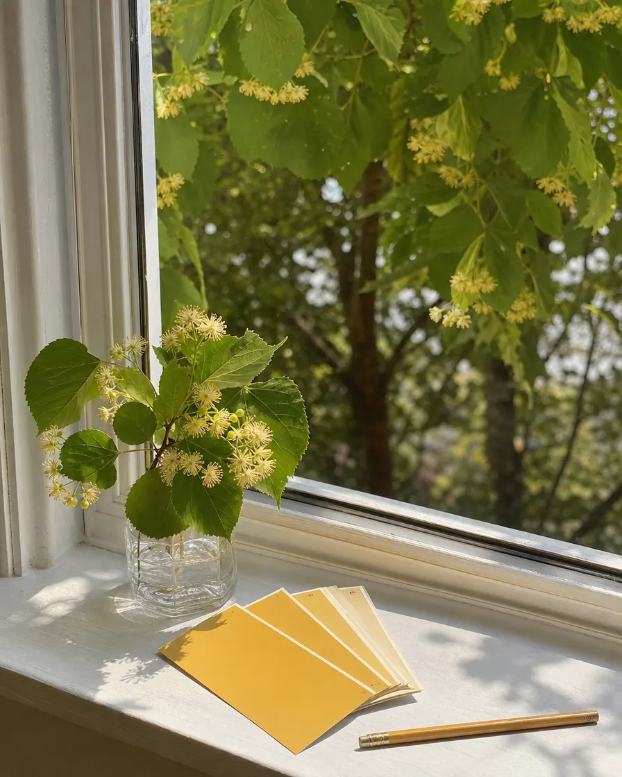 Linden blossom in a glass jar on a sunny windowsill, with yellow cards and a pencil