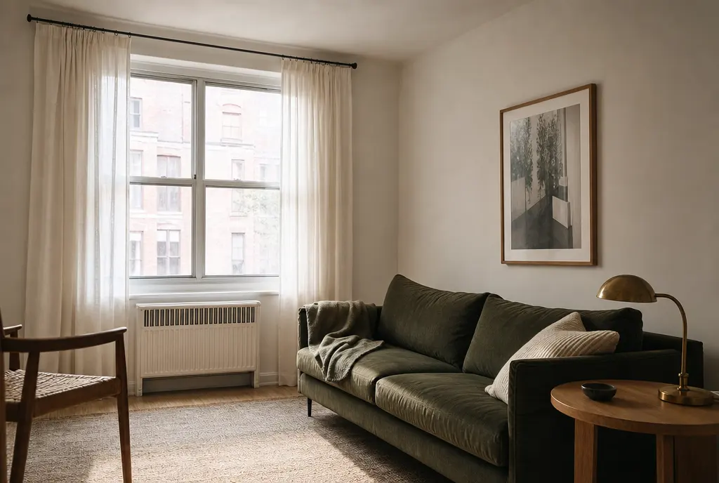 A calm living room with a green velvet sofa, sheer curtains, a brass lamp and a framed print