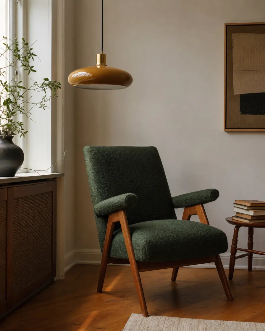 A green bouclé armchair under an amber pendant lamp, next to a window with a plant on the sill