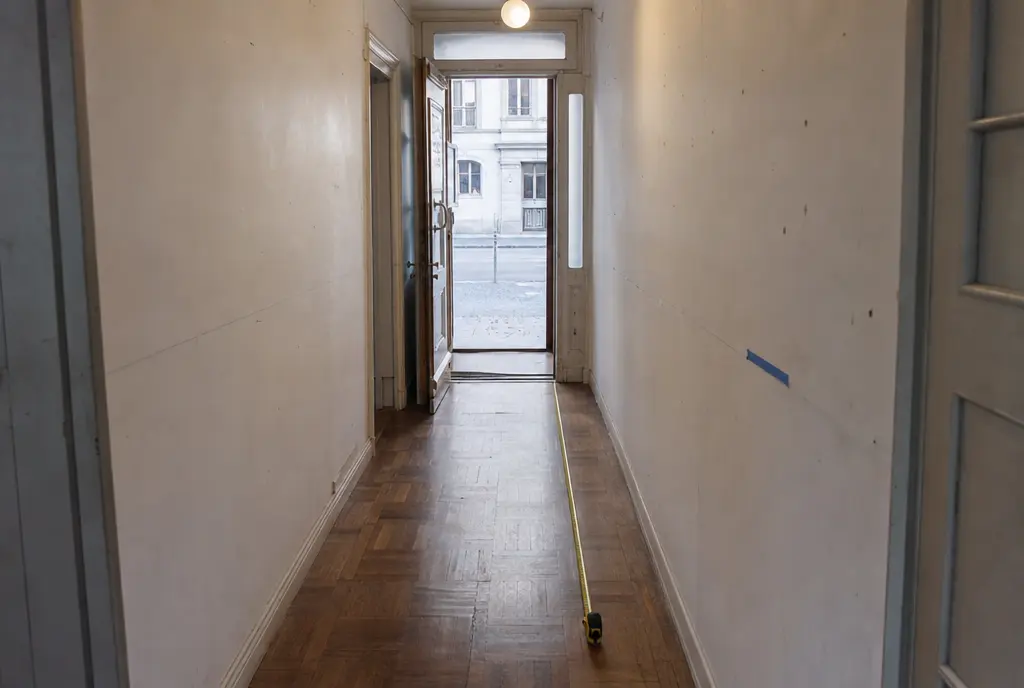 A narrow hallway with a worn parquet floor, a tape measure along it and the front door open at the end