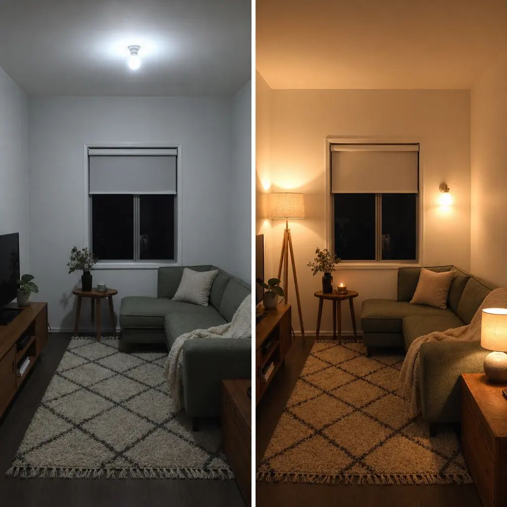The same small living room twice: lit by a bare ceiling bulb on the left, and by warm lamps on the right