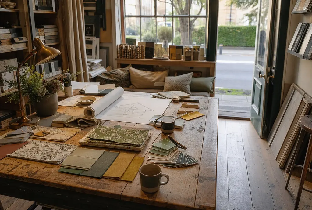 A studio worktable covered in fabric swatches, plans and a mug, with a bright window behind it