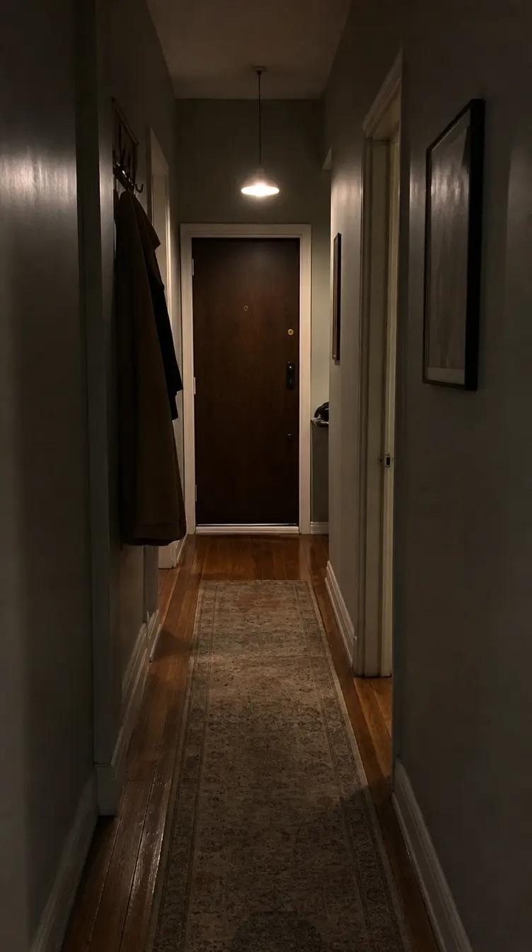 A dark hallway with a runner rug, a coat on a hook and one pendant lamp lit at the far end