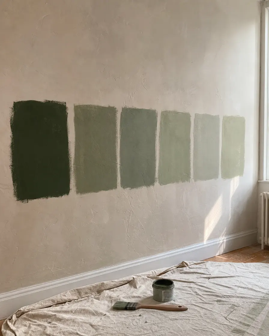 Six green paint swatches in a row on a plaster wall, dark to pale, with a paint tin and brush on a dust sheet